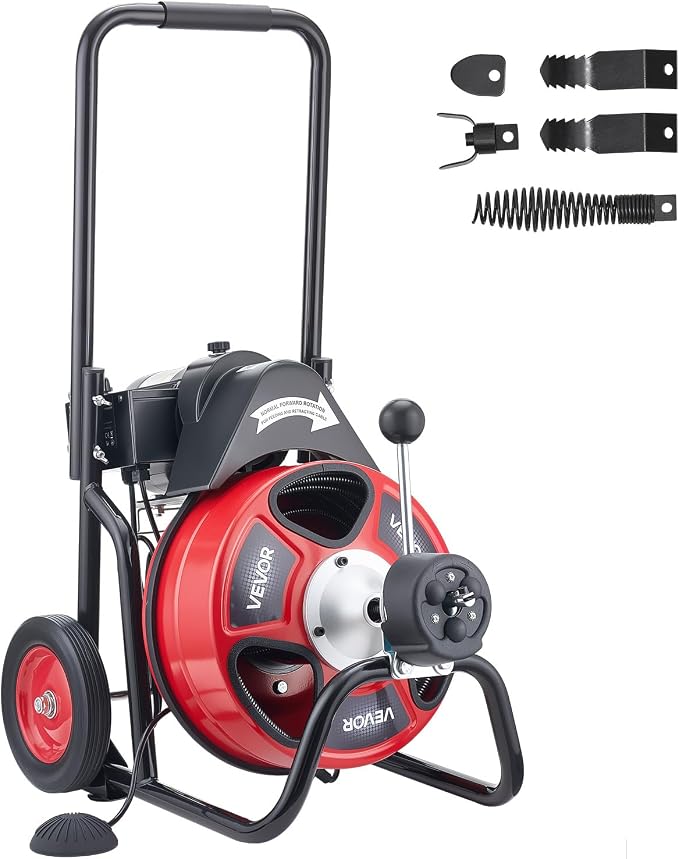 VEVOR Drain Cleaner Machine 50 FT x 1/2 Inch, Auto Feed Sewer Snake Auger on Wheels, Portable Drain Cleaning Machine with 4 Cutters & Air-activated Foot Switch for 2" to 6" Pipes