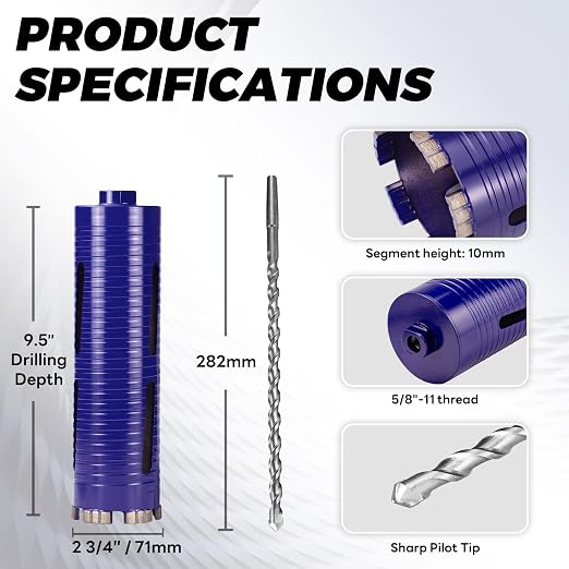 2-3/4" Core Drill Bit with Pilot Bit & Adapters(SDS Plus and 1/2" Hex), 5/8"-11 Thread, 9.5" Depth, Upgraded-Welded Segments Diamond Core Bits for Concrete, Masonry, Brick Block