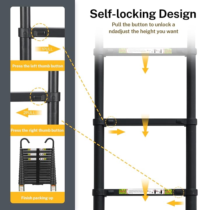 RIKADE Telescopic Ladder, 20.3 ft Aluminum Telescoping Ladder with Stable Hook and Non-Slip Feet, Portable Extension Ladder for Household and Outdoor Working, Max Load 330 lb, Black