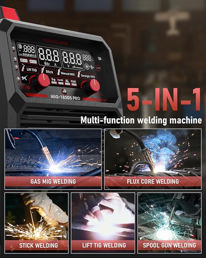 YESWELDER 185A MIG Welder, 110V/220V Dual Voltage, Flux Core MIG/Gas MIG/Spool Gun MIG/Lift TIG/Stick 5 in 1 Multi-process, LED Digital Display Synergic Control Aluminum Welding Machine