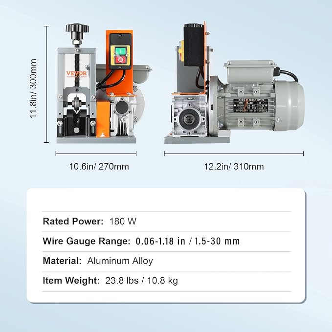 VEVOR Electric Wire Stripping Machine, 0.06''-1.18'' Automatic Wire Stripper, 180 W, 60 ft/min with Visible Stripping Depth Reference Electric Wire Stripper, Copper Stripper