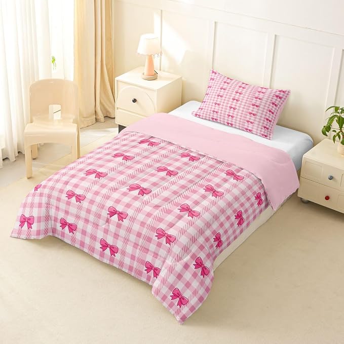 Feelyou Pink Grid Bowknot Comforter Set All Season Bow Checkered Bedding Set with 1 Pillow Cases Princess Microfiber Kids Toddler Bedclothes Bedroom Decor Duvet Quilt Breathable Soft Lightweight