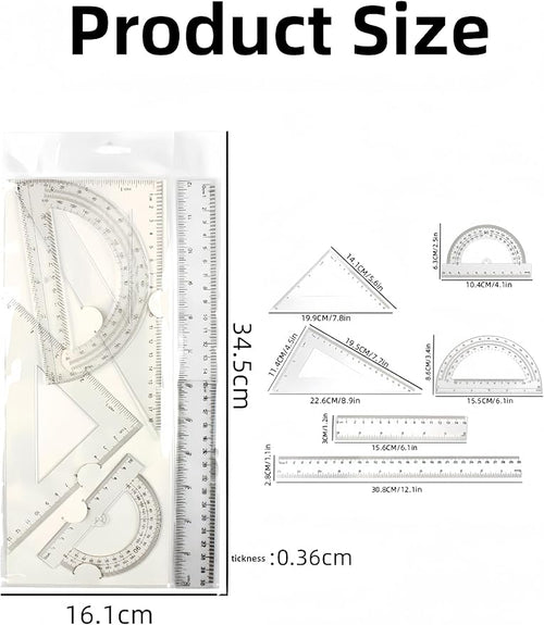 1 Set Clear Math Set, Plastic Protractor Triangle Rulers 12 Inch Straight Geometry, Transparent Measuring Tool for School Office Home Supplies
