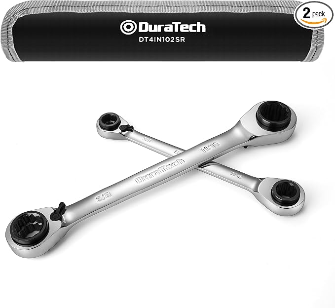 DURATECH 4-in-1 Reversible Ratcheting Box Wrench Set, SAE, 2-Piece | Double Box End, 5/16, 3/8, 7/16, 1/2-INCH & 9/16, 5/8, 11/16, 3/4-INCH, CR-V Steel, Matte Chrome Plated, Rolling Pouch