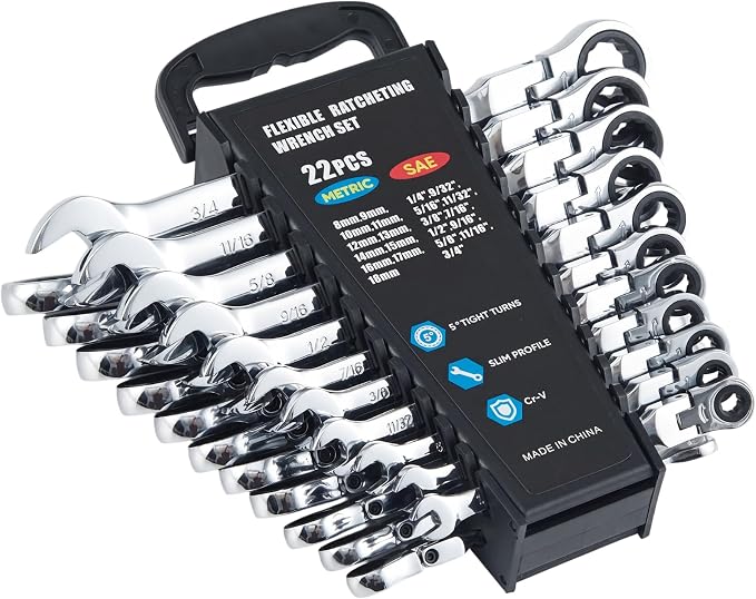 Garvee 22 Piece Ratcheting Combination SAE & Metric Wrench Set | Metric 8-18mm & SAE 1/4"-3/4" Arc CR-V Steel 72-Tooth 5° Swing | for Automotive Repair & Home Maintenance