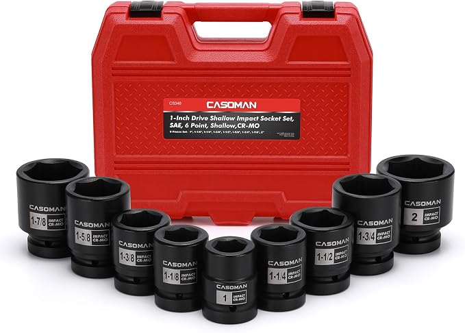 CASOMAN 1-Inch Drive Spindle Axle Nut Impact Socket Set, Shallow, 1" to 2", 9PCS Impact Large Socket Set, 6-Point, SAE, CR-MO
