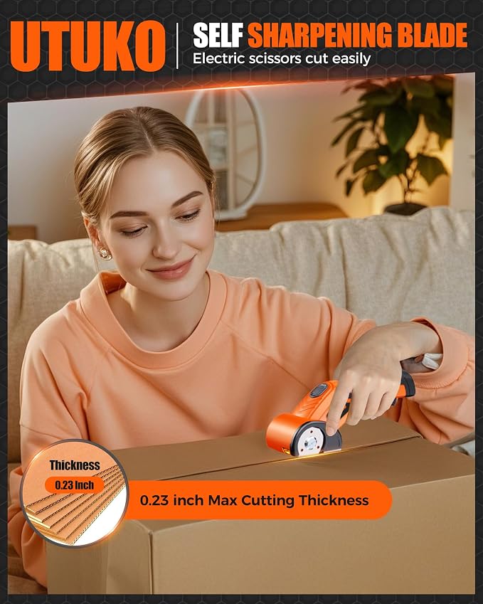 Electric Cardboard Cutter – Upgraded High-Power 800RPM Brushless Motor, 3500mAh Cordless Rechargeable Electric Scissors, Heavy Duty Box Cutter for Cardboard, Carton Mat Cutter Blades orange