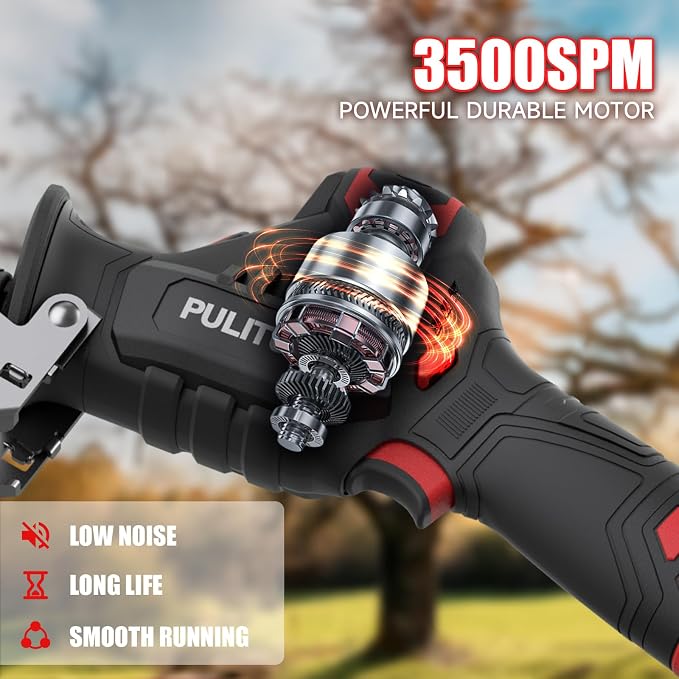PULITUO Cordless Reciprocating Saw, Speed 3000SPM，with Clamping Jaw, 2000 mAh Battery/ 1-Hour Fast Charge,Safety Gloves& Goggles, 4Pcs of Saw Blades for Wood/Metal/PVC