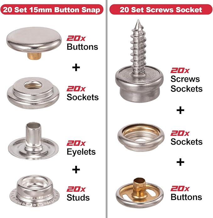 Spurtar Heavy Duty Snap Fastener Tool Adjustable Snap Button Kit with 3 Dies and 40 Sets 15mm Buttons for Boat Cover Leather Fabric Cloths Denim Canvas Tarp Crafts DIY Buckle Repair and Installation