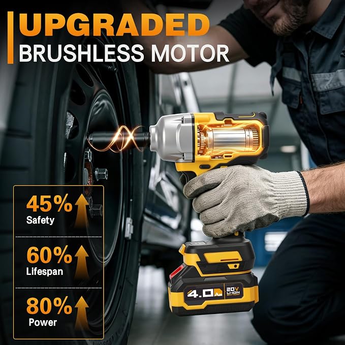 Cordless Impact Wrench, 900Ft-lbs (1200N.m) 1/2" Brushless Impact Gun with 2x 4.0Ah Battery, Fast Charger & 3 Sockets, High Torque Power Impact Driver Ideal for Car, DIY, and Truck RV/Mower (1200N.m)