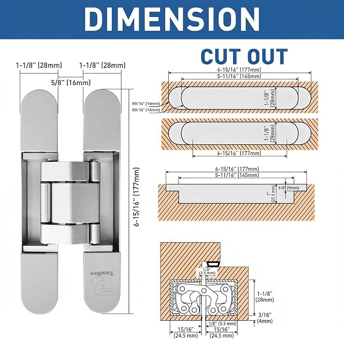 TamBee Invisible Hinges Hidden Door Hinges Concealed Door Hinges, Outswing Hidden Door Hinge 3 Way Adjustable Butt Hinge 7inch 2PCs