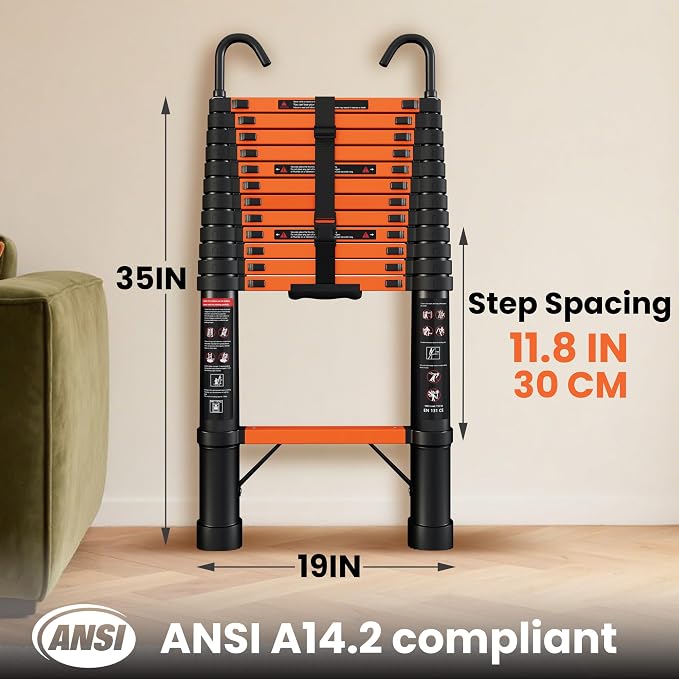 SINMEIRUN Telescoping Ladder, 12.5 FT, Hooks, Aluminum Extension Ladder, 330 lbs Capacity, Collapsible Multi-Purpose Ladder for Home, Roof and RV; Orange