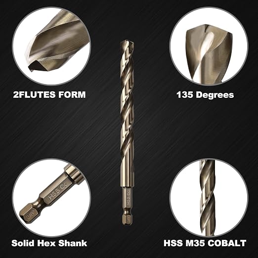 3/8 Cobalt Drill Bit for Metal and Hard Steel (5Pcs), Hex Shank Quick Change M35 HSS Twist Impact Drill Bit Set, with Storage Case