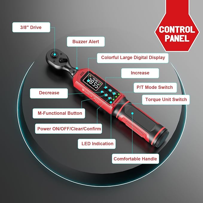 SUERCUP 3/8-inch Digital Torque Wrench(0.66-44.29Ft.Lb/0.9-60N.m) ±1% Accuracy Digital Torque Wrench with Vibration, Buzzer,LED Notification and Five Units of Measure, for Bike, DIY and Home Repair