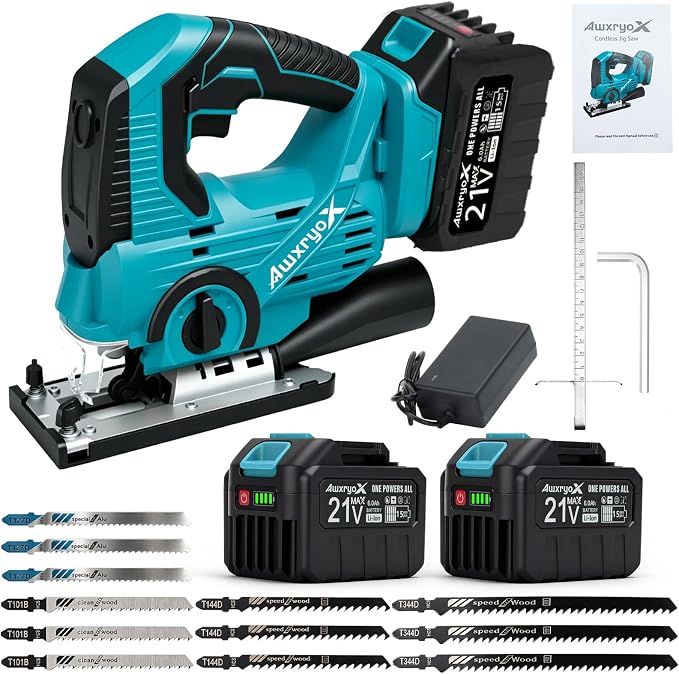 AwxryoX Cordless Jigsaw, 21V Power Electric Jig Saw with 2×6.0Ah Battery,4 Orbital Settings Jigsaw Saw Tool with 12 Blades ±45° Bevel Cuts,3000 RPM,Caladora Eléctrica for Straight/Curve/Circle Cutting