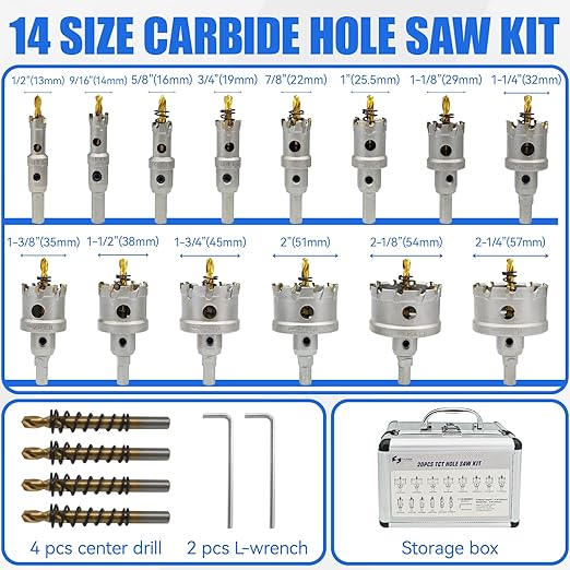 Pro Edge 20pcs Carbide Hole Saw Kit for Hard Metal, TCT 1/2"-2-1/4" Hole Cutter Set for Stainless Steel, Iron, Alloy, Aluminum, with Two Extra Titanium Plated Pilot Center Drill and Two L-Wrench