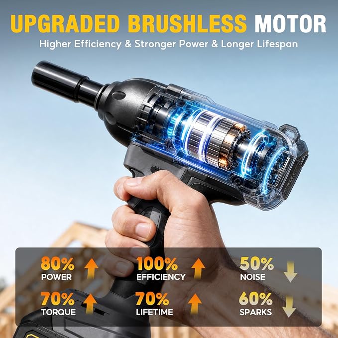 SOARFLY 1/2" Cordless Impact Wrench, 738 Ft-lbs (1000 N.m) High Torque 21V Brushless Electric Impact Gun with 2x 4.0Ah Batteries, Impact Driver with LED Light, 6 Sockets for Home Car/Mower/Truck RV