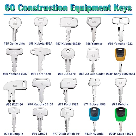 60 Heavy Equipment Keys Master Set Consturction Ignition Keys for Kubota JCB Cat Yanmar Honda Ditch Witch Backhoes Excavators Forklifts Loaders Tractors Bullozers and Other Construction Equipments