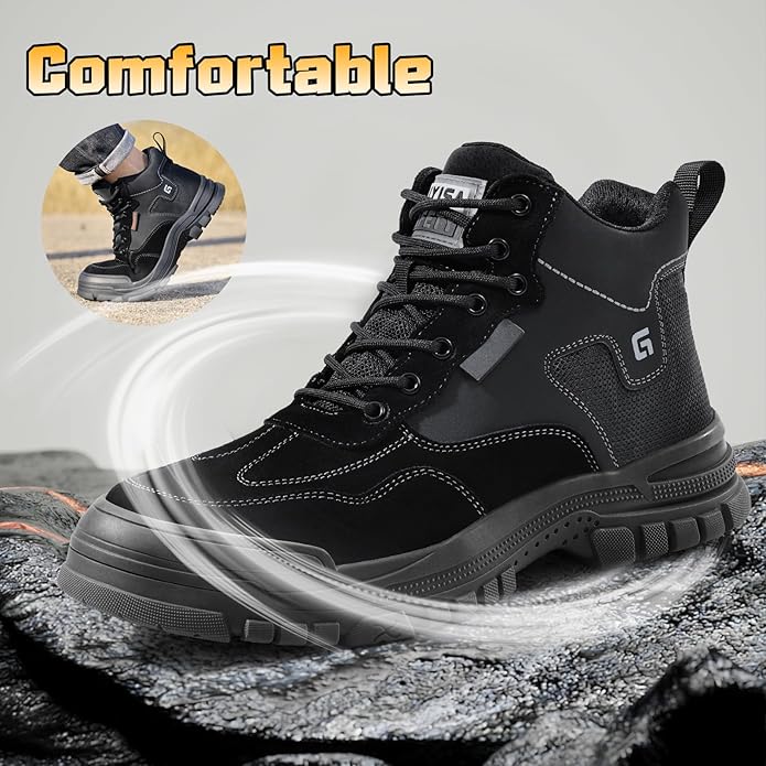 GUSAYEX Steel Toe Boots for Men Puncture Resistant Safety Work Boots with Kevlar Midsole Industrial Lightweight Men's Work & Utility Protective Shoes for Construction Warehouse Factory