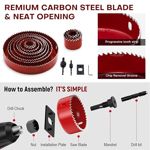 17-Piece Hole Saw Kit, Includes 13 Sizes (3/4" to 5"), Arbors, Drill Bits, and Hex Key, Ideal for Softwood, Plywood, and PVC(RED)