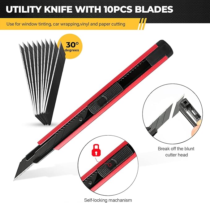 Gomake Vehicle Vinyl Wrap Window Tint Film Tool Kit Include 4 Inch Felt Squeegee, Retractable 9mm Utility Knife and Blades, Zippy Vinyl Cutter and Mini Go Corner Squeegee for Car Wrapping