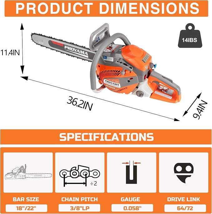 PROYAMA 62cc Gas Powered Chainsaw, 3 Position Spring Vibration System | 18" & 22" Bar and Chain, 3.5HP 2 Cycle Gas Power Handheld Chain Saw with Transparent Fuel Tank for Tree Wood Cutting