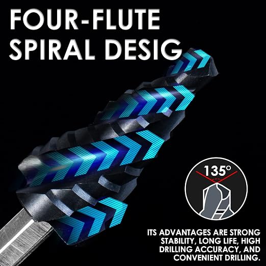 Matework M35 Cobalt Step Drill Bit, Four Spiral Flute Unibit Step Drill Bit (1/4"-3/4") Wear-Resistant TiAlN Coated, 1/4" Hex Shank for Metal, Carbon Steel, Stainless Steel, Wood, Plastic (9 Size)