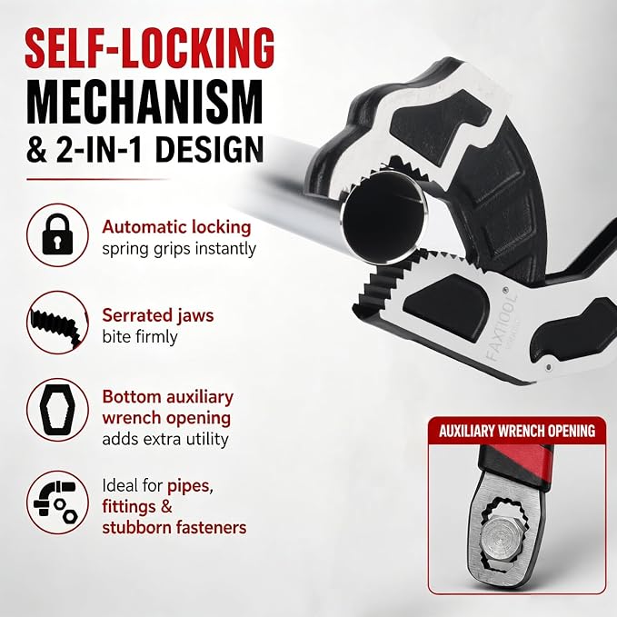 Pipe Wrench Set 6" 8" 10" 12" Self Adjusting Plumbers Wrench | Self Tightening Function, For 9/32"-1 3/8" (7-43mm), Pipe Fittings and Nuts