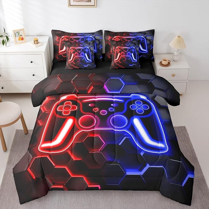 Erosebridal Gaming Twin Comforter Set with Sheets, Neon Honeycomb Gamer 7 Piece Bedding Set Retro Game Console Bed in a Bag, Red Blue Hexagon Lights Room Decor,Gaming Decor for Boys Bedroom