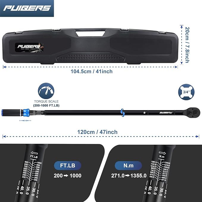 High Torque Wrench 3/4'' 200-1000 ft, 3/4 Inch Torque Wrenches for Car, Truck, Tractor, Accuracy ± 3% Two Directions Adjustable 24 Teeth Precision Instruments