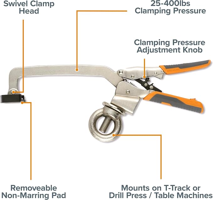 BORA Auto Adjust Drill Press Clamp 6 Inch Hold Down Clamps for Woodworking | Bench Vise Grip Clamps | Welding Table Clamps & Drill Press Accessories | Locking Clamp Tool