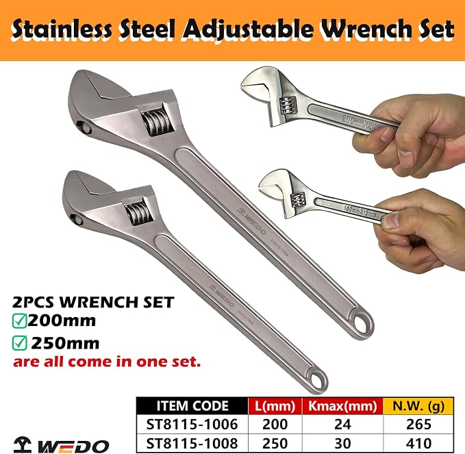 WEDO 2PCS Adjustable Wrench Set 8",10",Stainless Steel | Wide Jaw Spanner,Professional Spanner,Precision Jaws,Corrosion Resistant,For Automotive,Home and Plumbing Repairs