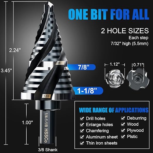 Four Spiral Flute M35 Step Drill Bit Set 1/4" - 1-1/8”(15 Sizes), 3/8" Shank for Metal Step Drill bit, Impact Resistant Cobalt Step Drill Bit, for Stainless Steel, Wood, Aluminum, Plastic
