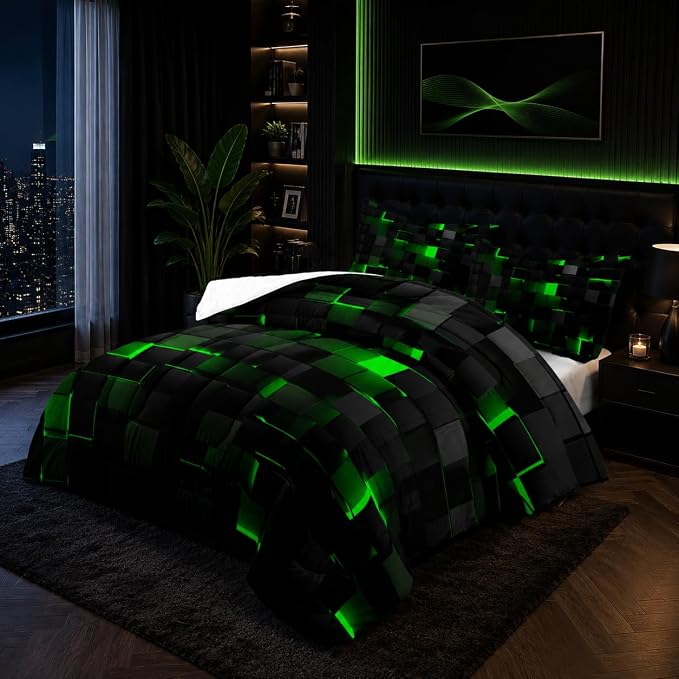 Nttopship Geometric Green Black Comforter Set,Light Honeycomb 3 Piece Bedding Set King Size for Teen Boys,Modern Quilt Set Geometry Decor,Microfiber Lightweight 1 Comforter 2 Pillowcases All Season