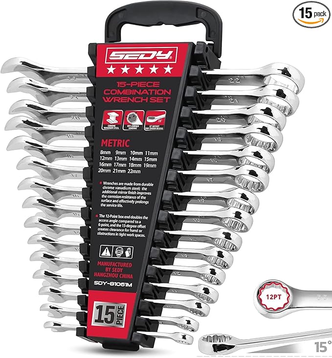 15-Piece Metric Combination Wrench Set, 8–22mm 12-Point Open End and Box End Wrench Kit with Organizer, Chrome Vanadium Steel Tools for Mechanics, Garages and Workshops
