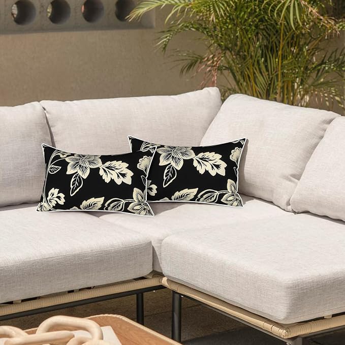 LVTXIII 2 Pack Outdoor Lumbar Pillows 12x20 Inch with White Piping, Fade Resistant Support Throw Pillows with Inserts for Patio Furniture, Sofa, Chair, Elegant Vines Black