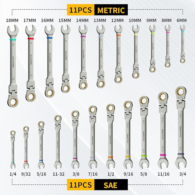 GRENPRO 23PC Flex Head Ratcheting Wrench Set Metric&SAE OpenEnd Combination | 1/4"-3/4"&6-18MM Bolt Gauge, Gray Nickel CR-V 72-Tooth 5-Degree Swing 12Pt Color Rings, Storage Box For Auto & Home Repair