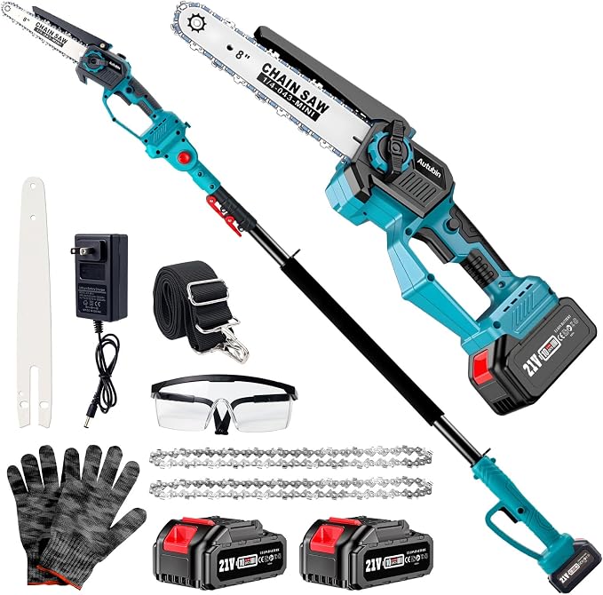 2-in-1 Cordless Pole Saw & 8'' Mini Chainsaw with Extension Pole for Tree Branches, Electric Handheld Chain Saw with 2×21V 4.0Ah Rechargeable Batteries,Auto Oiling,Max 16Ft Saw for Tree Trimming