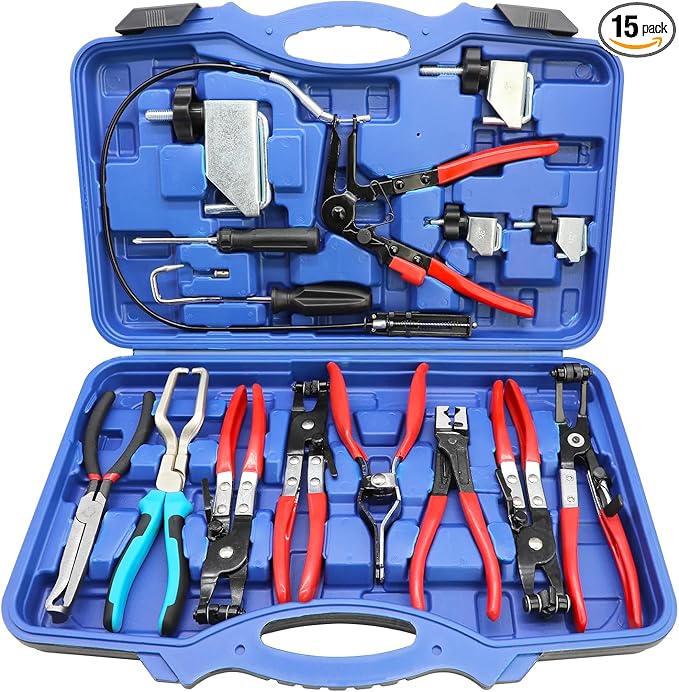 DPTOOL Hose Clamp Pliers Set 15pcs Hose Clamp Removal and Installation Tool Kit for Automotive Coolant Radiator Heater, Water Hose, fuel lines etc, with 2pcs Electrical Disconnect Pliers