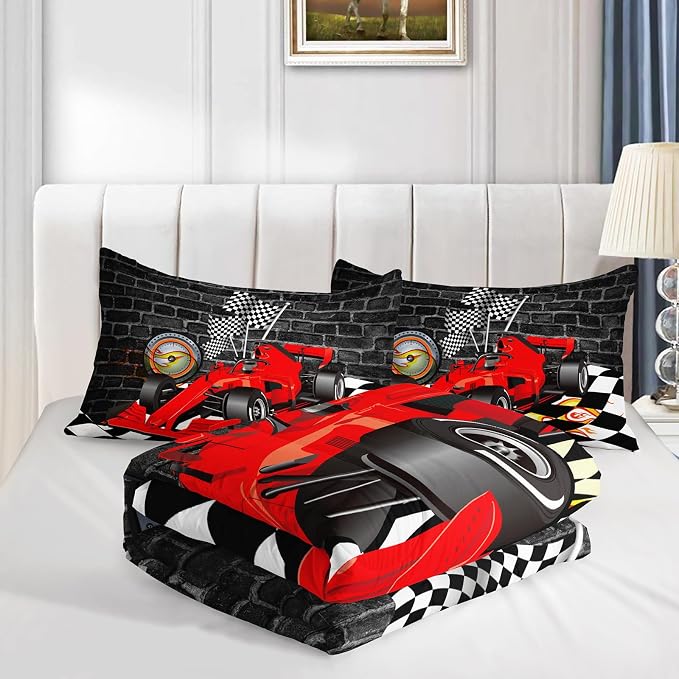 Axolotl Race Car Comforter Set King Size,Extreme Sports Bedding for Boys Teens Kids Girls Room Decor,Car Racing Bedding,Cool Speed Cars Quilt Bed Set with 1 Comforter 2 Pillowcases,Black Red