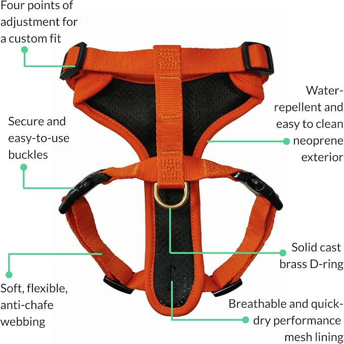 Adventure Dog Harness - Stylish, & Durable Medium Dog Harness for Outdoor Adventures and Everyday Wear - Sunset Orange Neoprene Adjustable Harness for Dogs with Reflective Piping & Brass D-ring