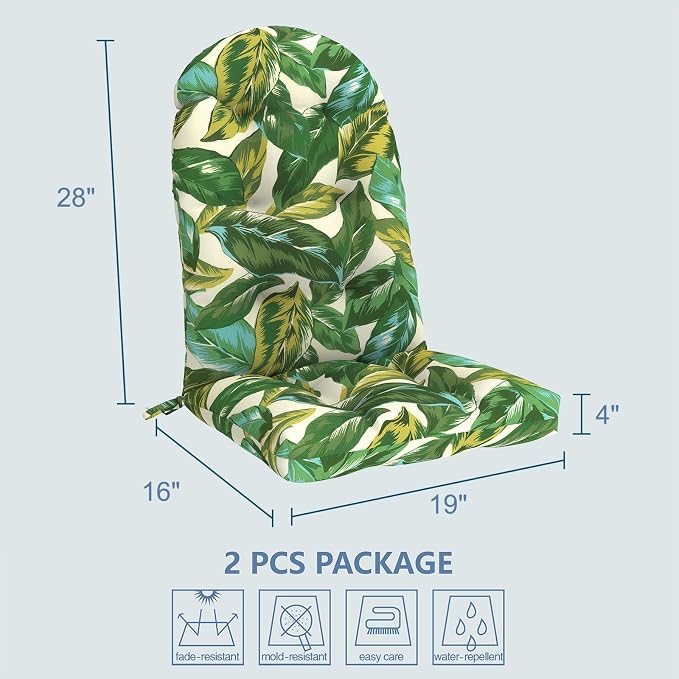 LVTXIII 2 Pack Outdoor Adirondack Chair Cushions, 44x19x4 Inch Water Repellent Patio Cushions for Rocking Chairs, Thick Tufted High Back Seat Cushion Set, Lush Leaf Jungle