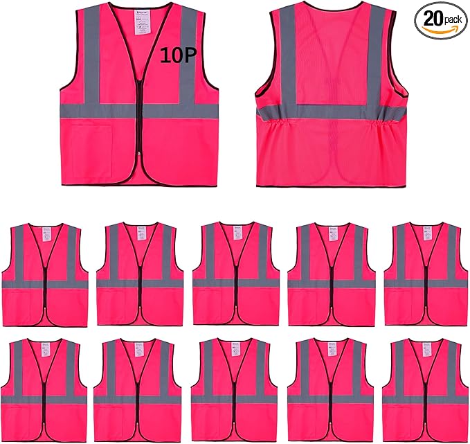 Pink Safety Vests 20 Pack - Reflective High Visibility Construction ANSI Class 2 Work Vests for Men,Woman with Zipper,Hi Vis Mesh and Neon Silver
