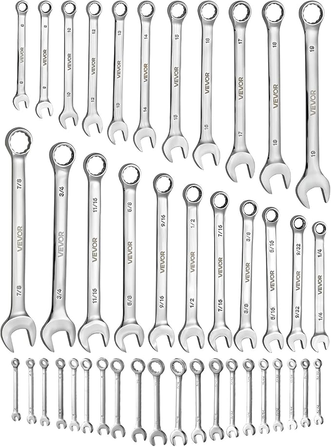 VEVOR Combination Wrench Set, 42-Piece SAE and Metric, 12-Point Box End and 15° Angled Open End Combination Wrenches with Roll Up Pouch, Carbon Steel, for General Household and Automotive Repairs