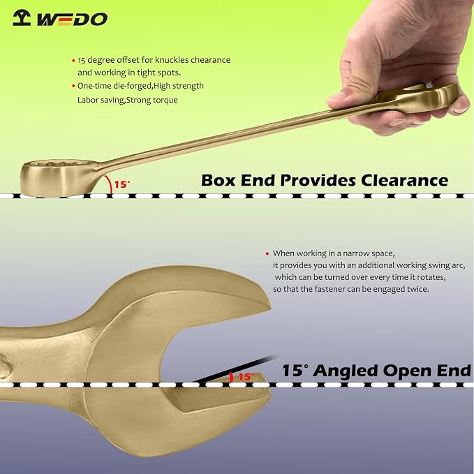 WEDO Non-Sparking Combination Wrench 41mm,Metric,Aluminum Bronze | 12-Point Spark-free Spanner,15 Degree Offset,Corrosion Resistance,DIN3113 Standard,BAM&FM Certificate,For Oil,Chemical,Mining
