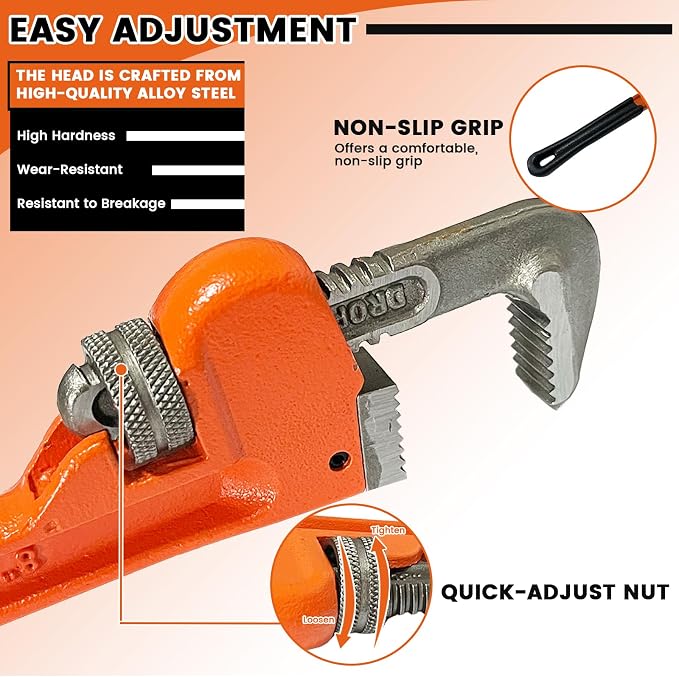 5-Piece Heavy Duty Pipe Wrench Set, 8"/10"/12"/14"/18" Plumbing Wrench | Anti-Slip Jaws, Adjustable Pipe Wrench, Sturdy and Durable, Includes Gloves, for Plumbers, Home, Pipeline, Auto Repair
