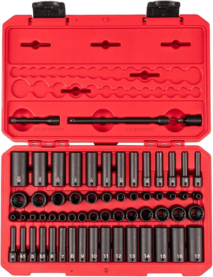 TEKTON 1/4 Inch Drive Impact Socket and, 61-Piece | SID90406 | (5/32 - 11/16 in., 4 - 17 mm), Shallow and Deep, 12-Point, Case