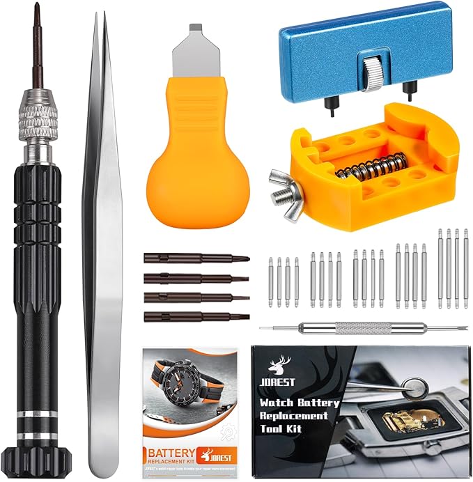 JOREST Watch Battery Replacement Kit, Watch Repair Screwdriver, Watch Band Replacement tool, Watch Wrench Back Remover, Watch Case Opener, Watch Back Remover Holder, Spring bar, Tweezers