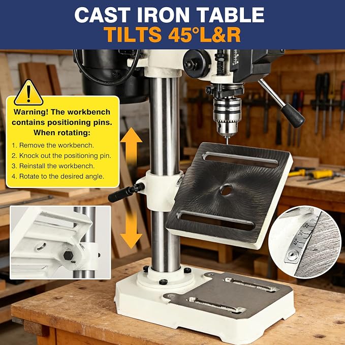 QK-KYOHO 8" Benchtop Drill Press - 3.1A Motor Drill Press Heavy-Duty Cast Iron Head - Bench Drill Press 5 Speed Adjustable (620-3100 RPM) - 0-45°Tilting&Height Adjustable Table Drill Presses