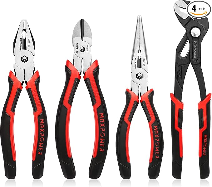 MAXPOWER 4-Piece Pliers Set: 8" Lineman, Diagonal Cutters, Needle Nose, 10" Water Pump Plier